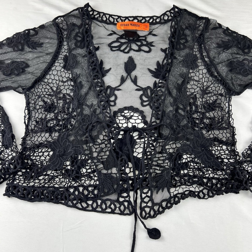 Whimsigoth Boho Urban Mango Black Lace Crochet Cropped Bolero Shrug Tie Front  S